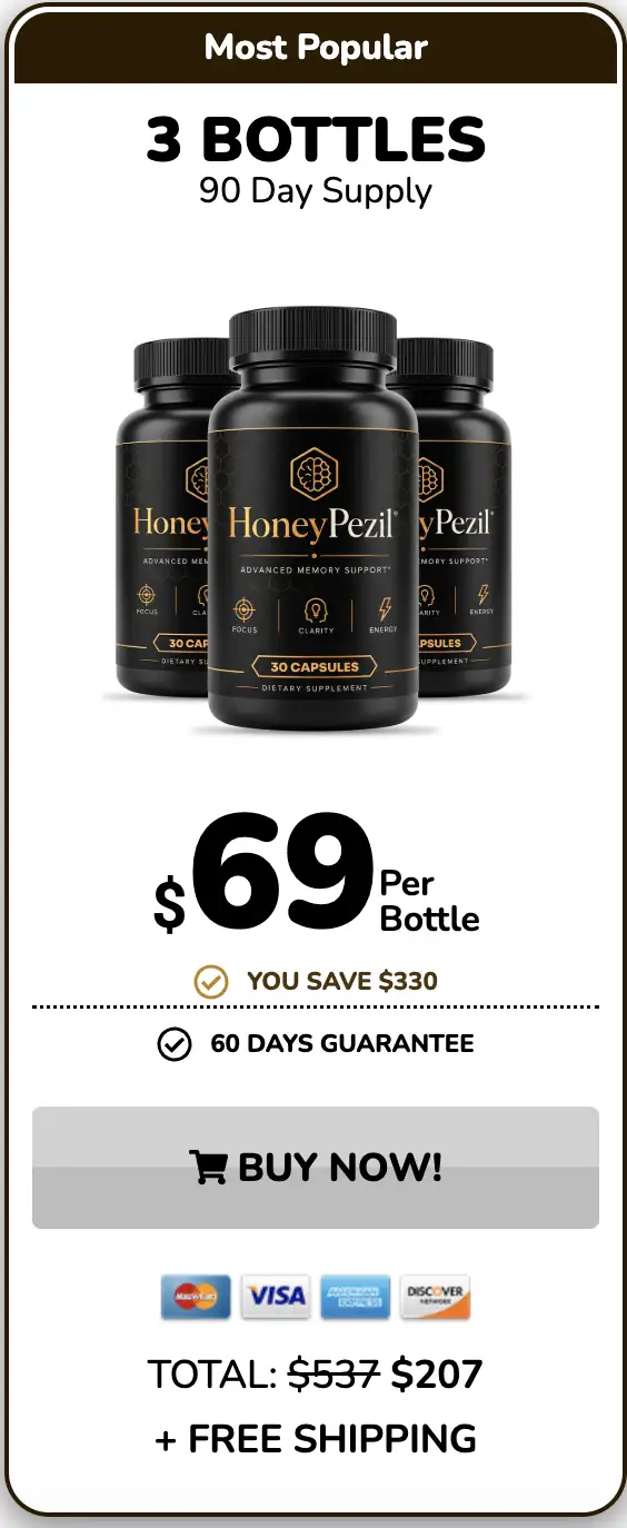 HoneyPezil 3 bottle package, 90 day supply, 69 dollars per bottle